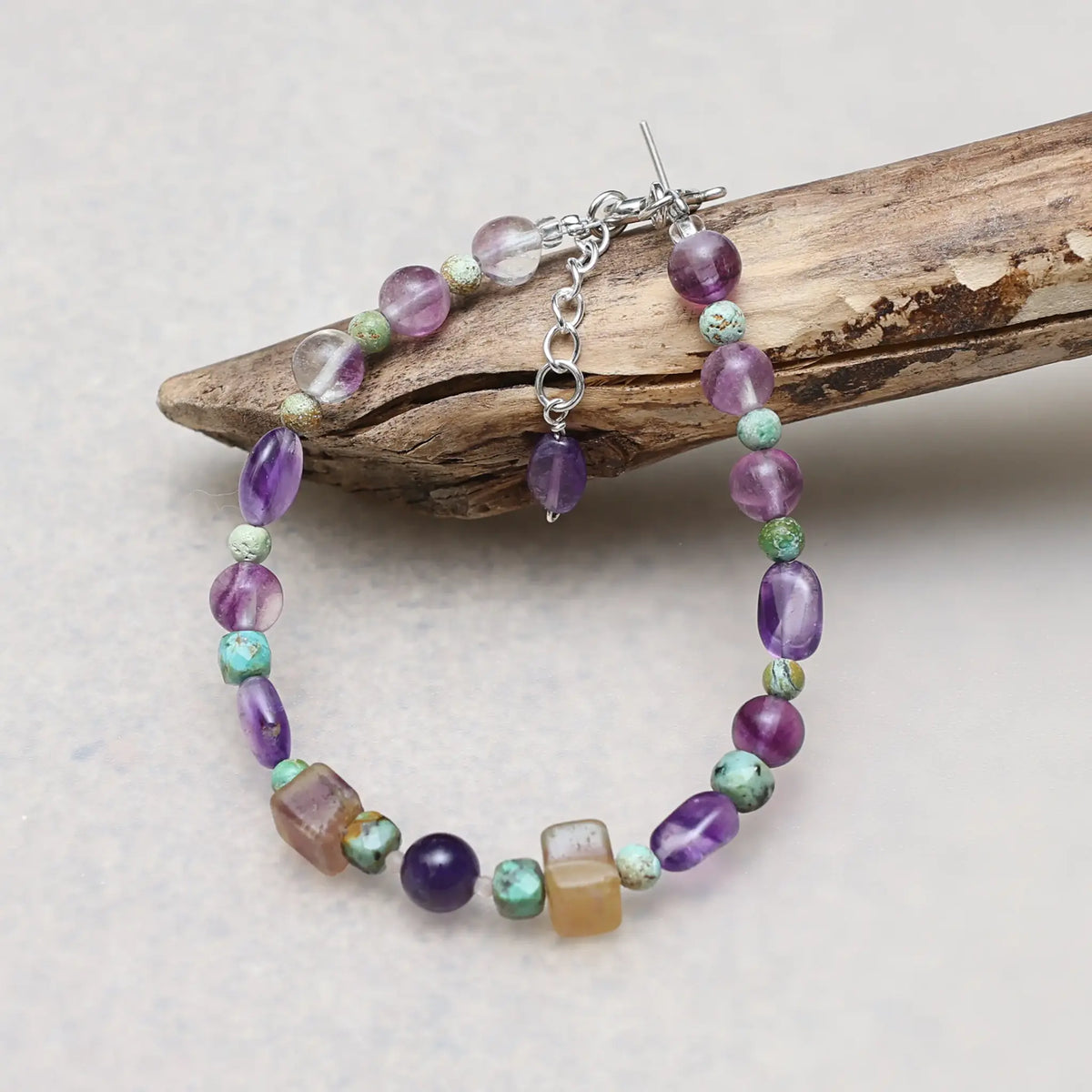 Aligned Fluorite Turquoise and Amethyst Bracelet