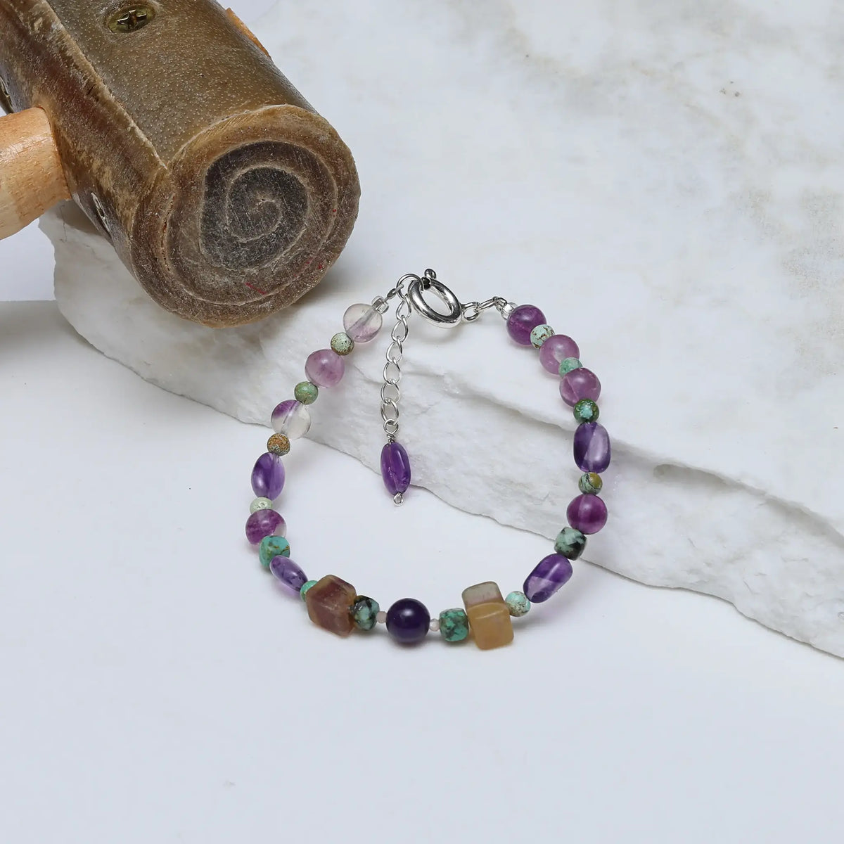 Aligned Fluorite Turquoise and Amethyst Bracelet