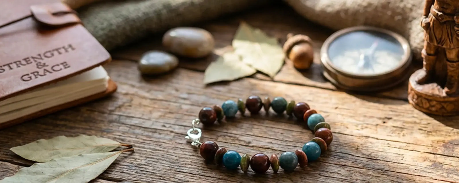 Bracelet with multicolored beads on a wooden surface with a book, stones, and compass.