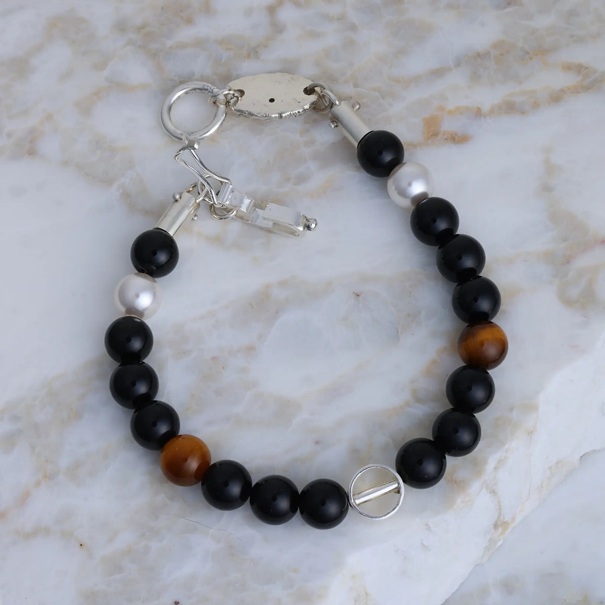 Meridian Black Onyx and Tiger’s Eye Bracelet in Sterling Silver