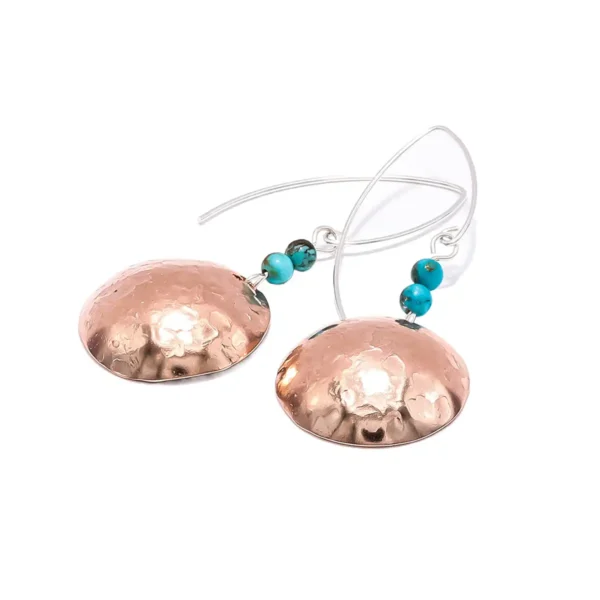 En Mi Handmade jewelry. Copper dome earrings with turquoise beads. Drop dangle.