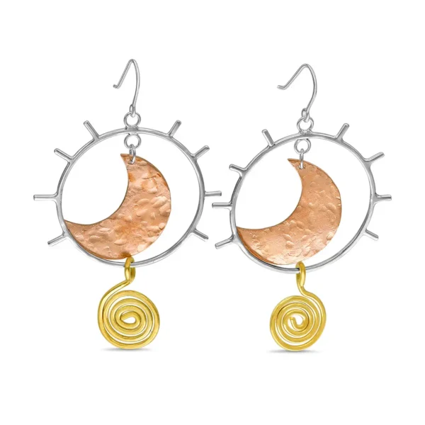 En Mi handmade jewelry - Sterling silver sunrise earring with brass spirals. Statement earrings for women.