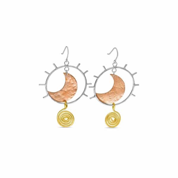 En Mi handmade jewelry - Sterling silver sunrise earring with brass spirals. Statement earrings for women.
